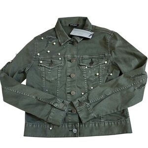 Dear John Alissa Olive Pearl Distressed Denim Jacket Women’s Small NWT